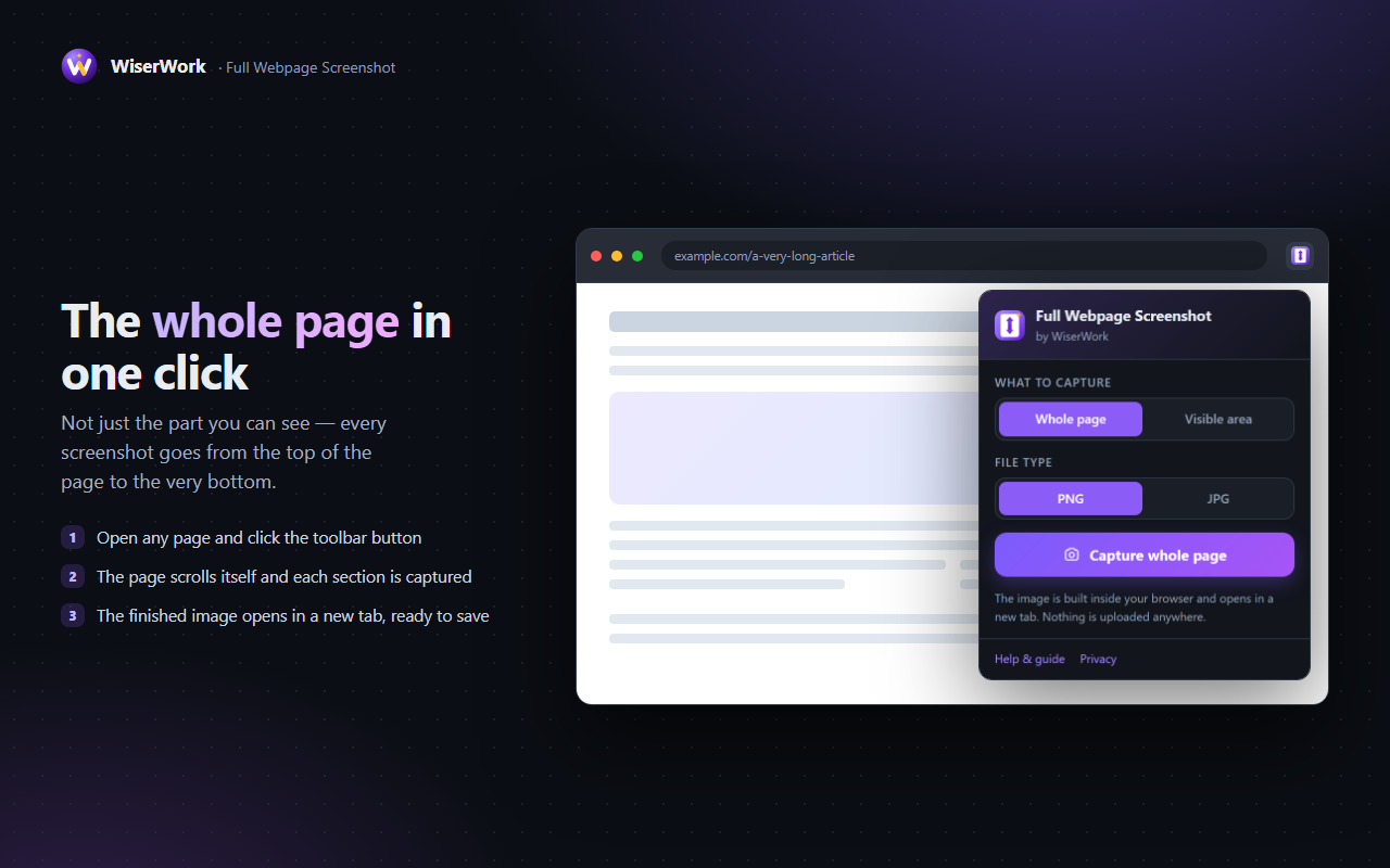 The extension popup open over a web page, with Whole page and PNG selected