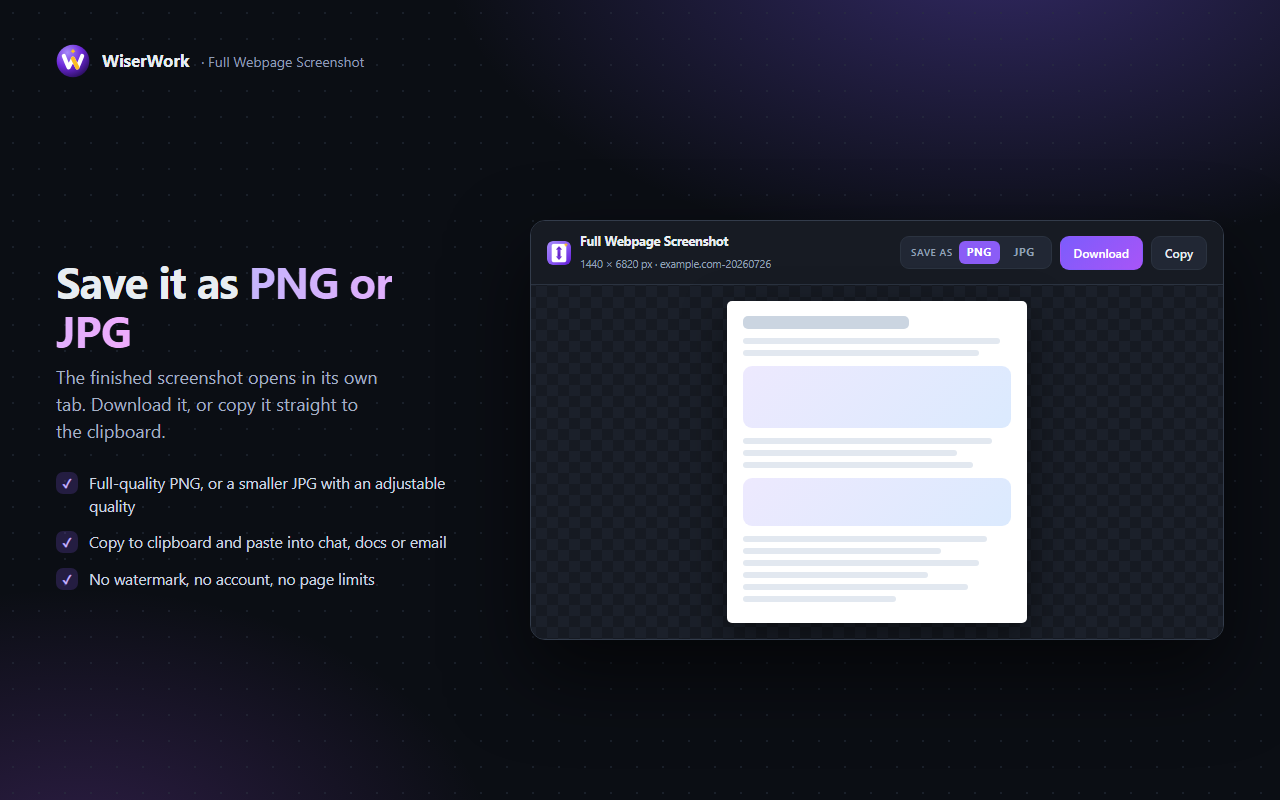 The finished screenshot open in its own tab with download and copy buttons