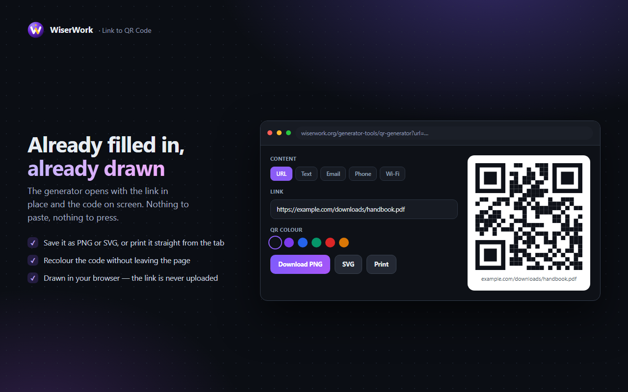 The QR Code Generator open in a new tab with the link filled in and the code drawn