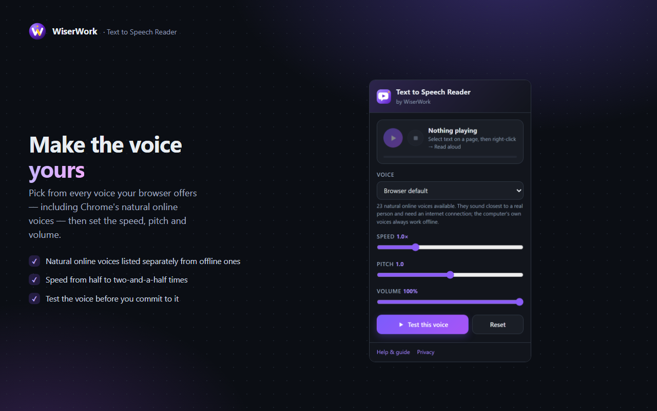 The extension popup showing the voice picker with speed and pitch sliders